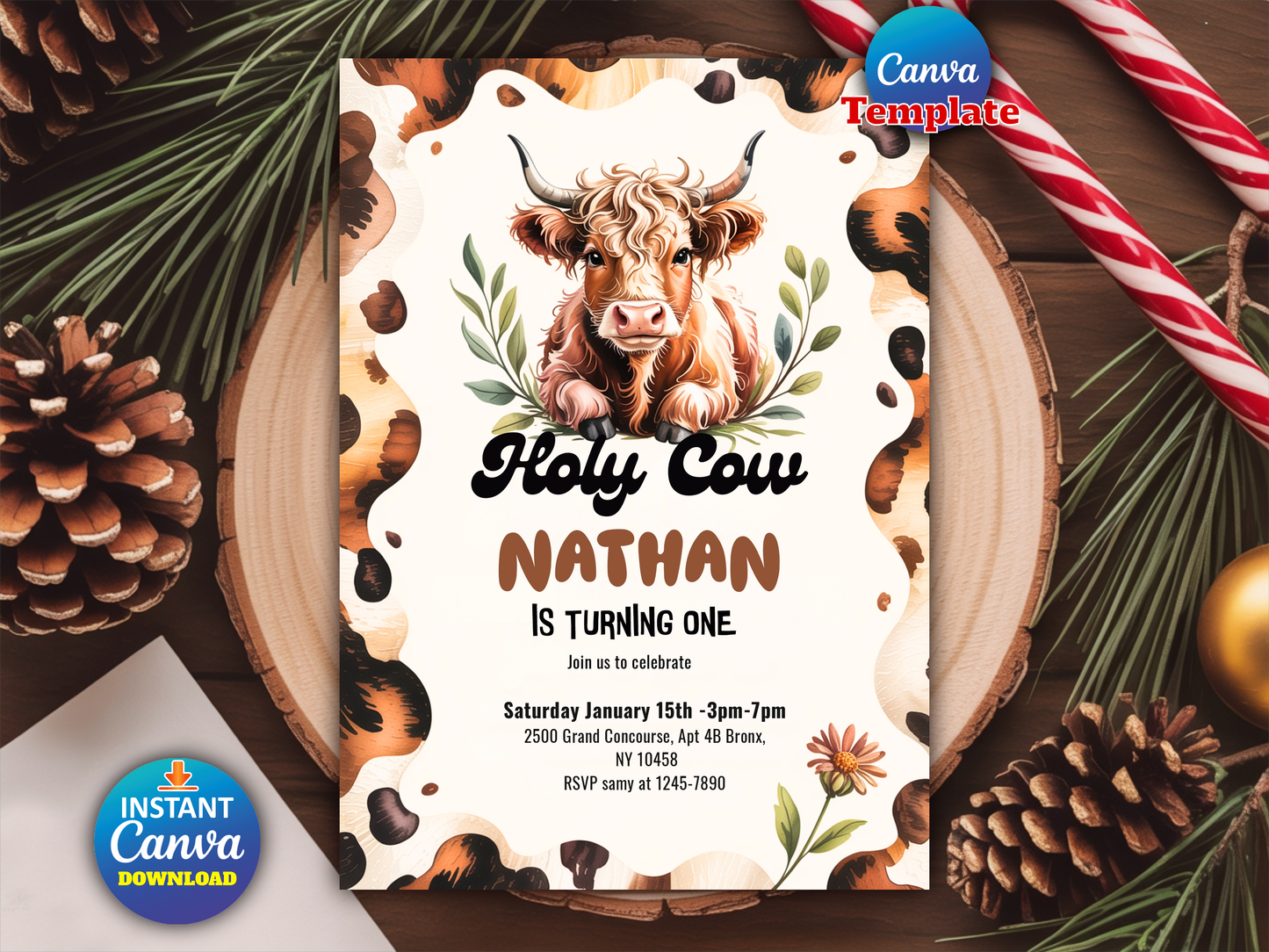 Editable Holy Cow I'm One Birthday Party Invitation Highland Cow Birthday Boy Ranch Farm Cow 1st Birthday Party Instant Download Editable 3Z