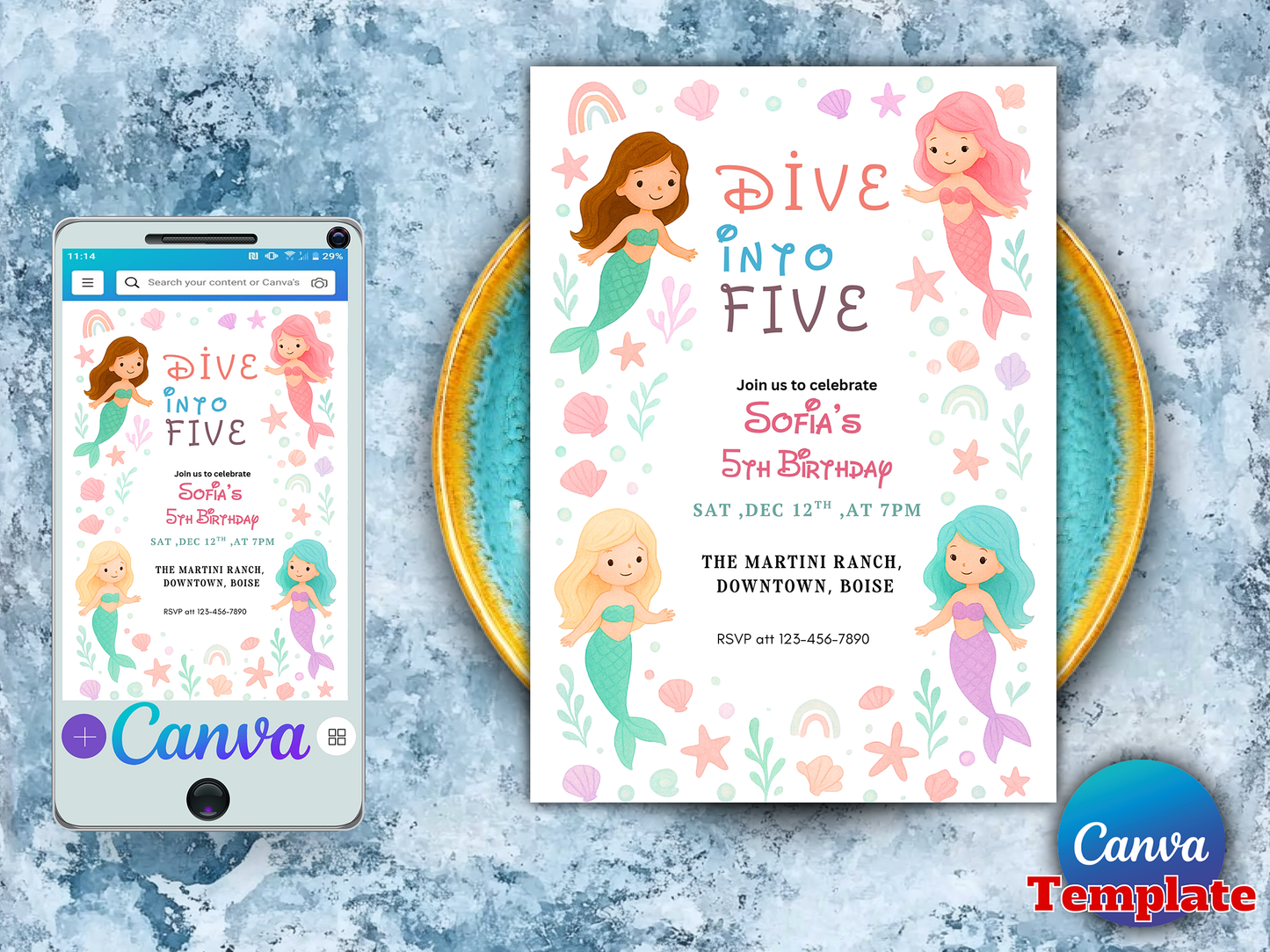 Editable Mermaid Float Into Five Birthday Party Invitation Cute Whimsical Girly Mermaid Under The Sea Mermaid Birthday Instant Download