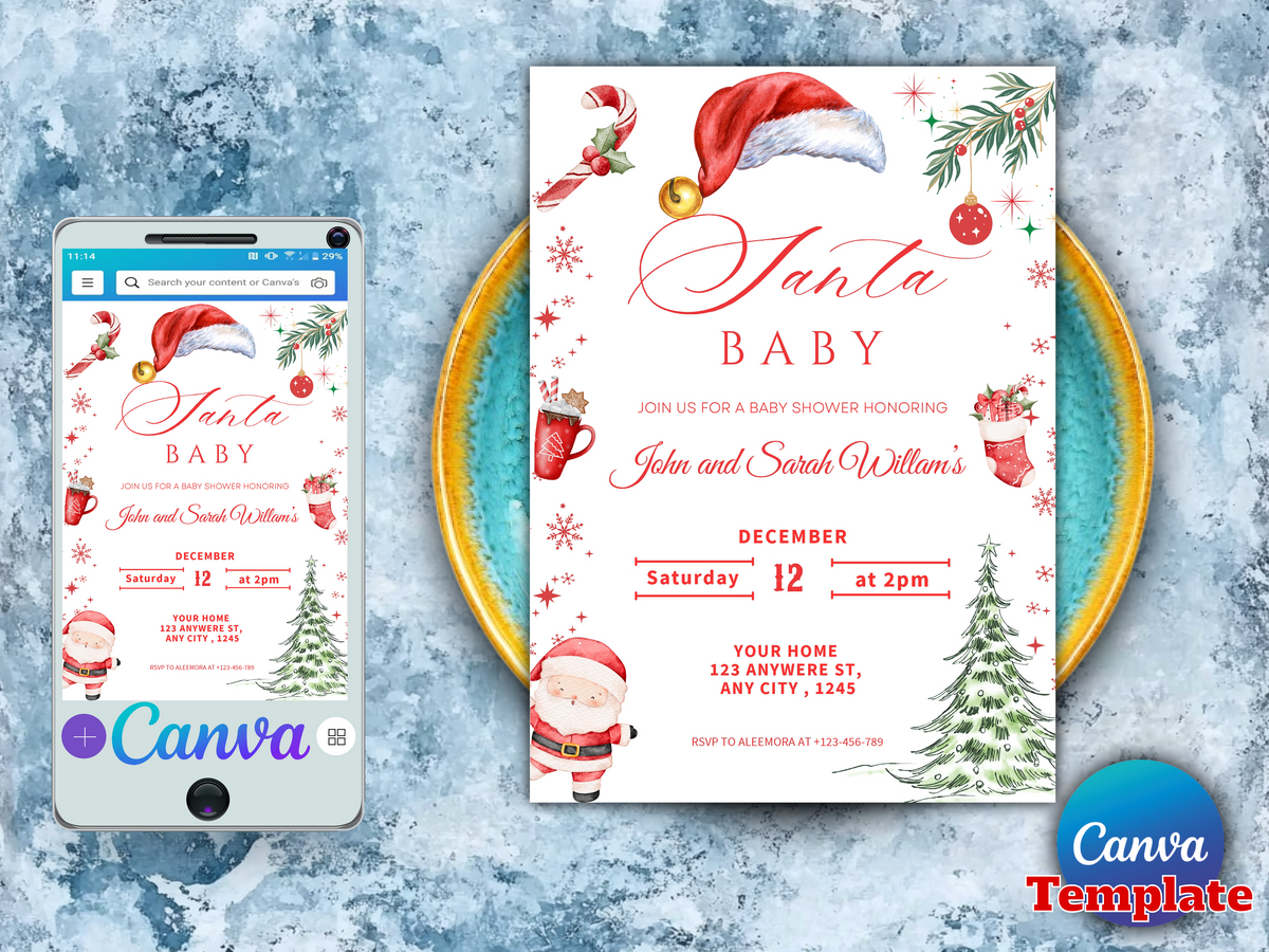 Santa Baby Christmas Shower Invitation, Editable Canva Template