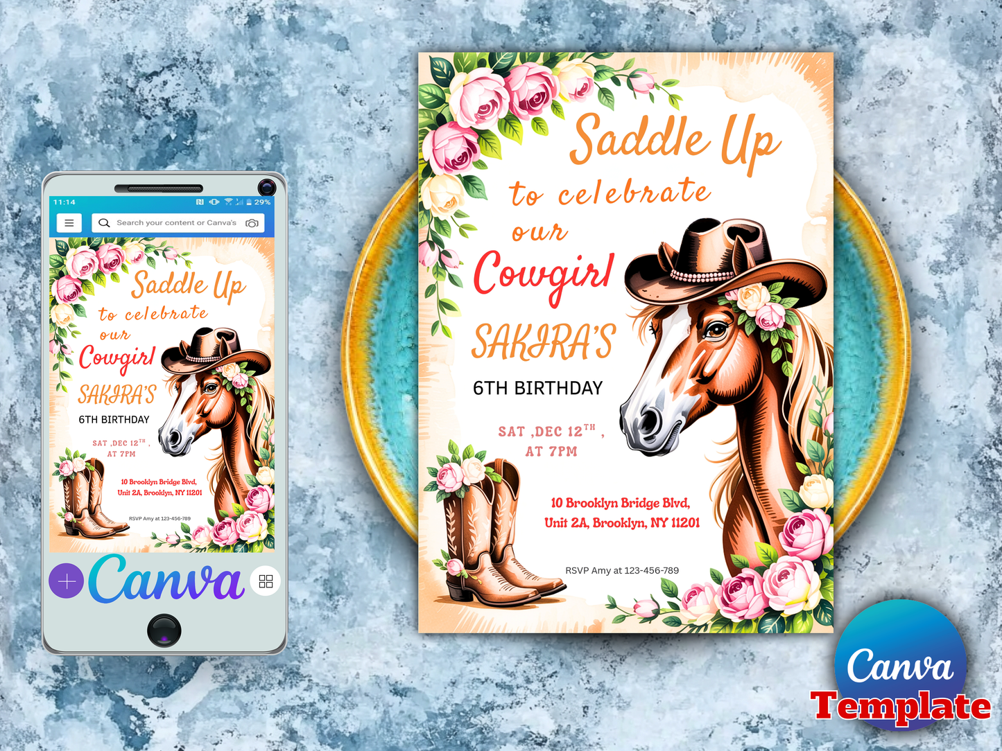 Saddle Up Cowgirl Birthday Invitation Editable Template, Horse Western 6th Birthday Invite, Floral Boots, Canva Template