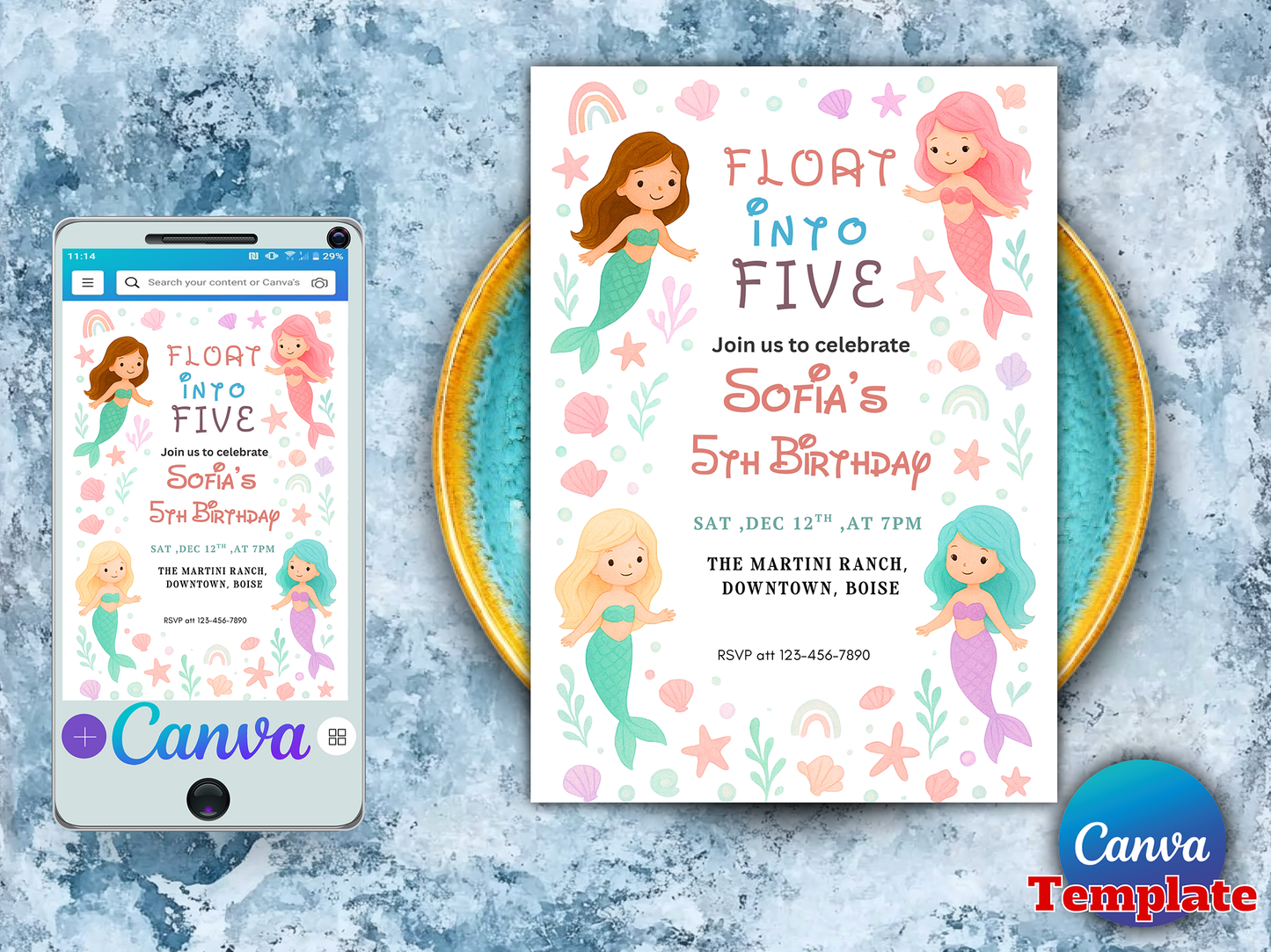 Editable Mermaid 5th Birthday Invitation Template – Float Into Five Girl Birthday Party Invite Canva