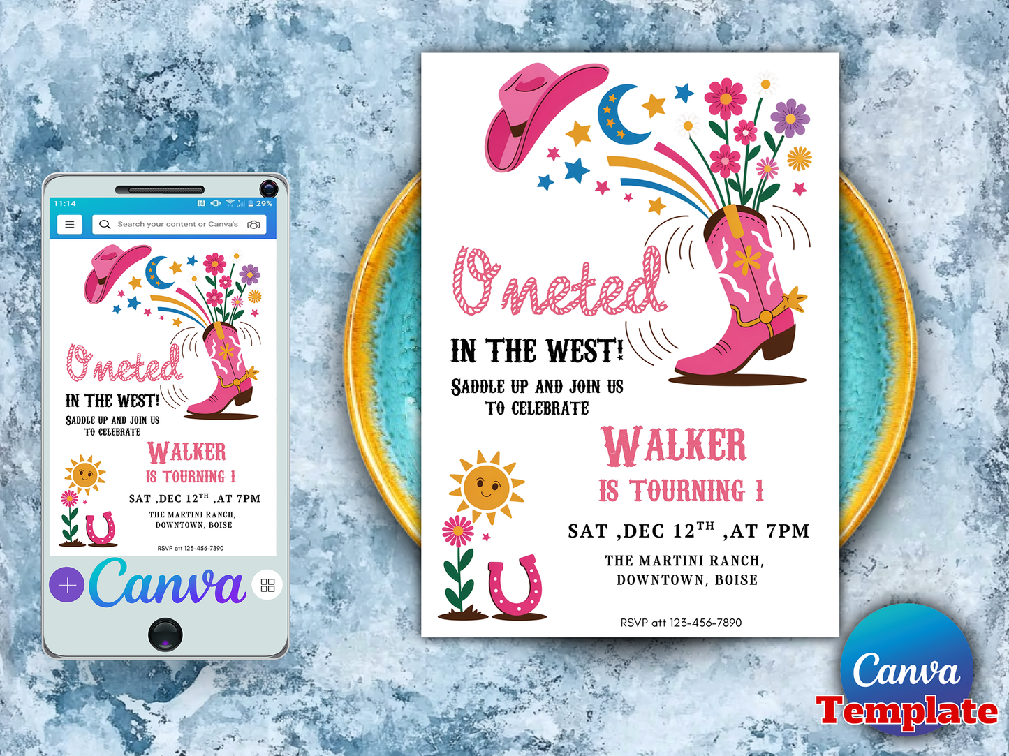 Editable One-ted In The West Cowgirl 1st Birthday Invitation Pink Disco Cowgirl Nashville Rodeo Space Cowgirl Birthday Instant Download