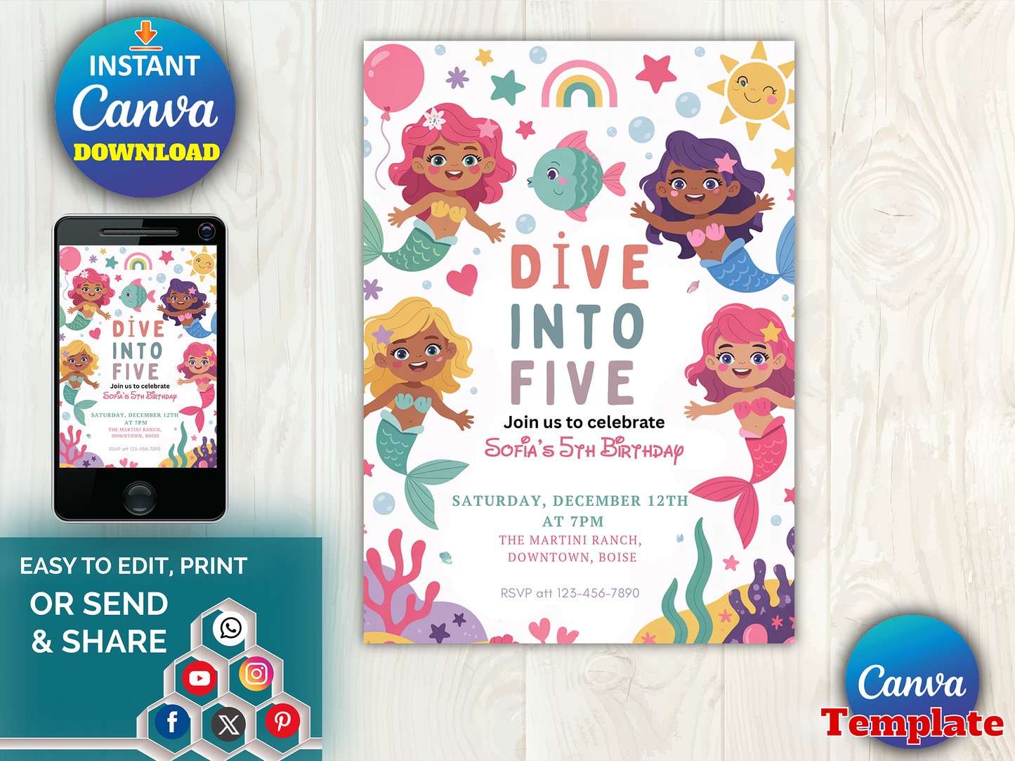 Editable Mermaid Dive Into Five Birthday Party Invitation Cute Whimsical Girly Mermaid Under The Sea Mermaid Birthday Instant Download