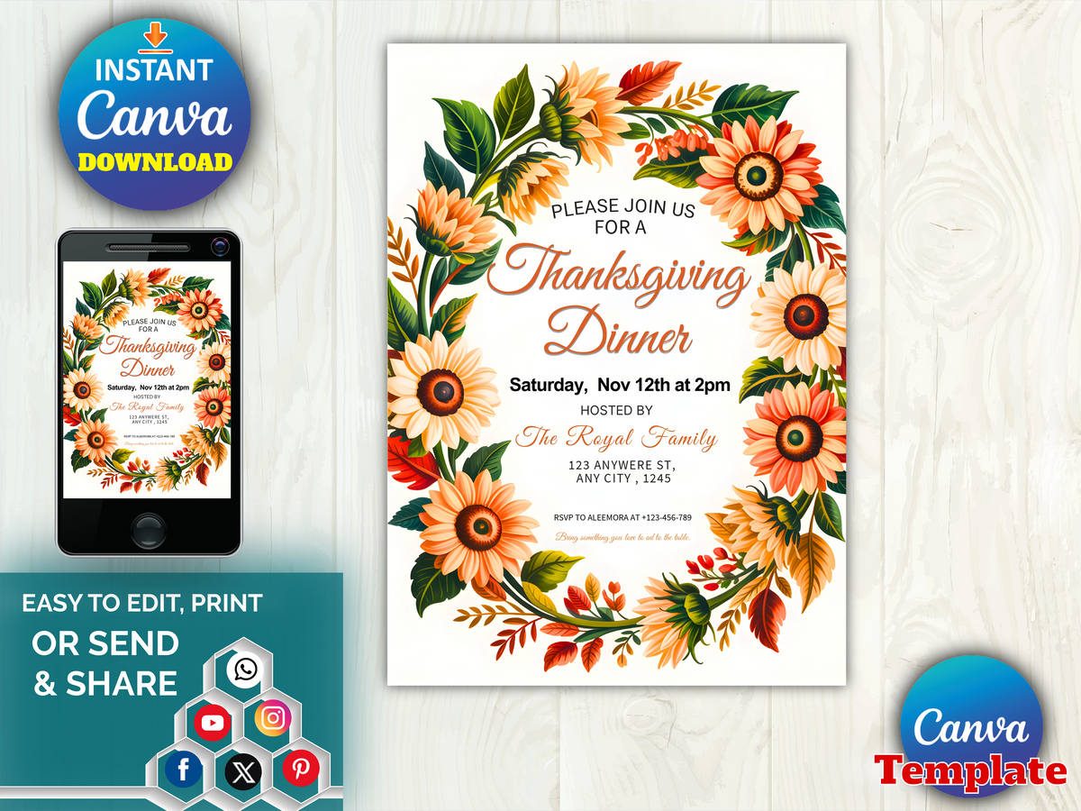 Thanksgiving Dinner Invitation Template, Editable Let's Give Thanks Invitation, Friendsgiving Invite Printable, Editable Canva Template