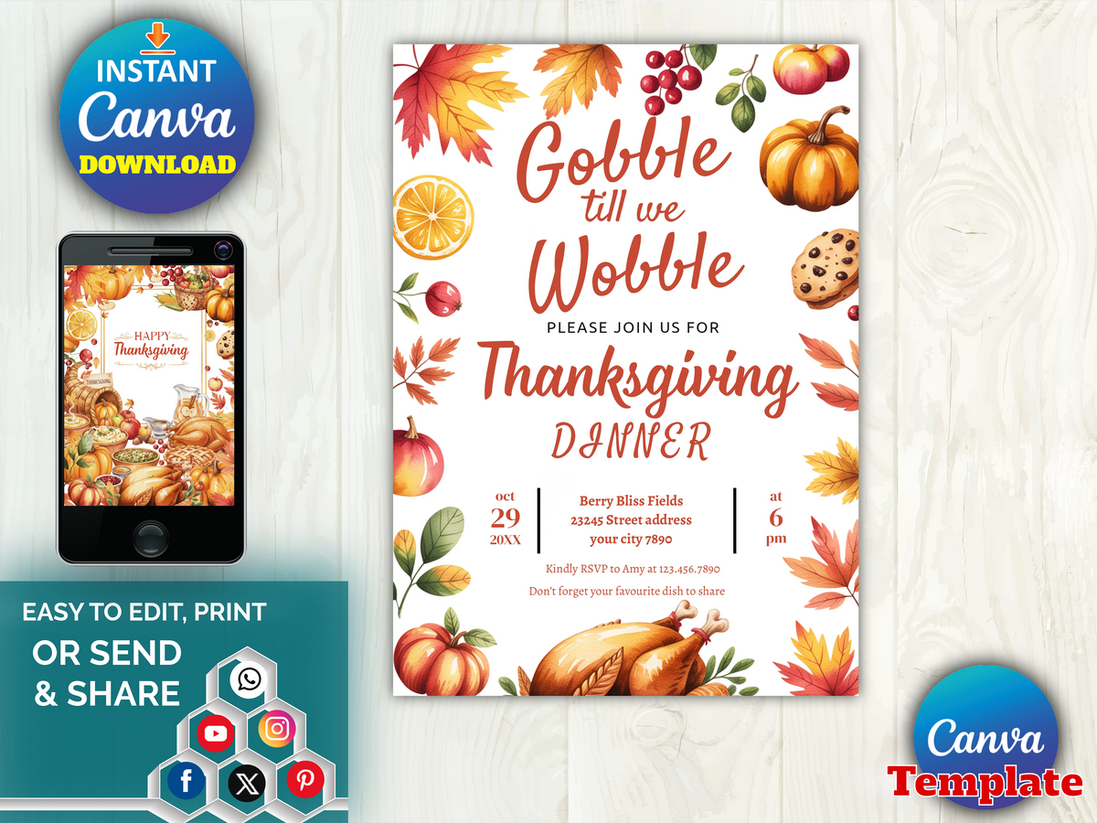 EDITABLE Gobble Till We Wobble Thanksgiving Invitation Template, Friendsgiving Thanksgiving Dinner Invite friends, Instant Download