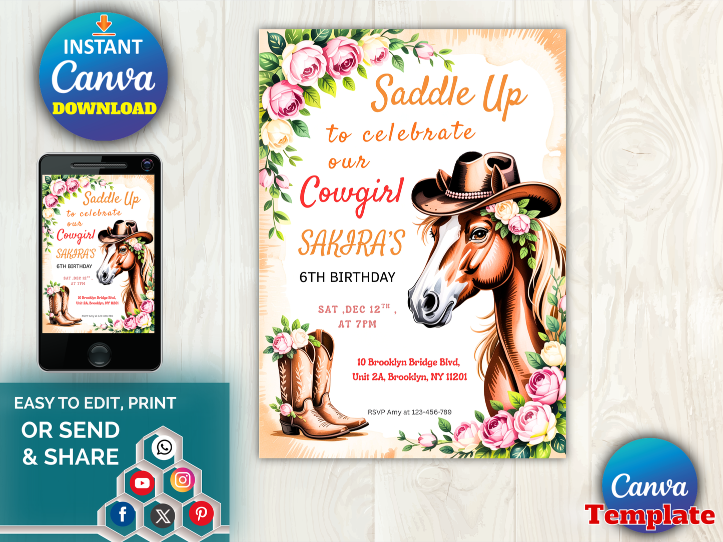 Saddle Up Cowgirl Birthday Invitation Editable Template, Horse Western 6th Birthday Invite, Floral Boots, Canva Template