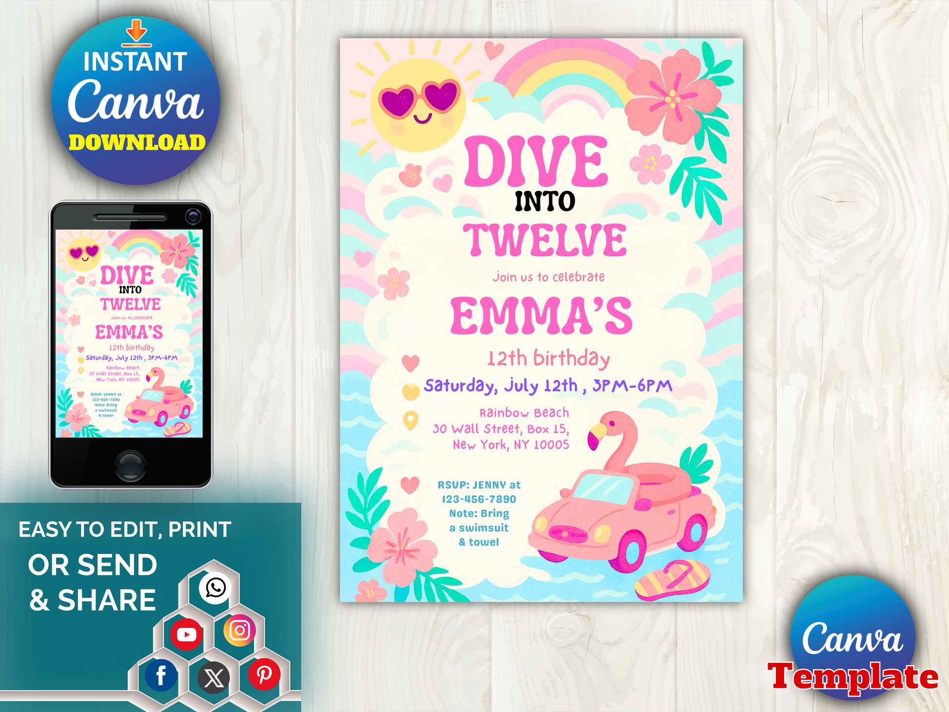 A digital invitation template for a 12th birthday party, shown as a main card design with a phone mockup on the left and promotional badges for Canva. The design features a pastel rainbow, pink flamingo car, pink flowers, and a smiling sun with heart-shaped eyes on a light wood background.