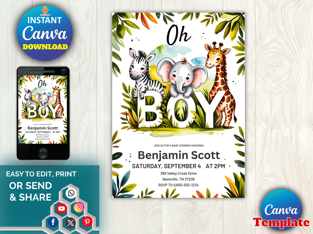 Safari Boy Baby Shower Invite, Jungle Safari Animals, Editable Template Digital Invitation