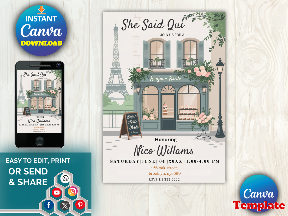 A Canva wedding invitation template preview on a light wood background, showing a large printed card design with an illustrated Parisian storefront, Eiffel Tower, flowers, and text, plus a phone mockup and promotional badges reading Instant Canva Download and Canva Template.