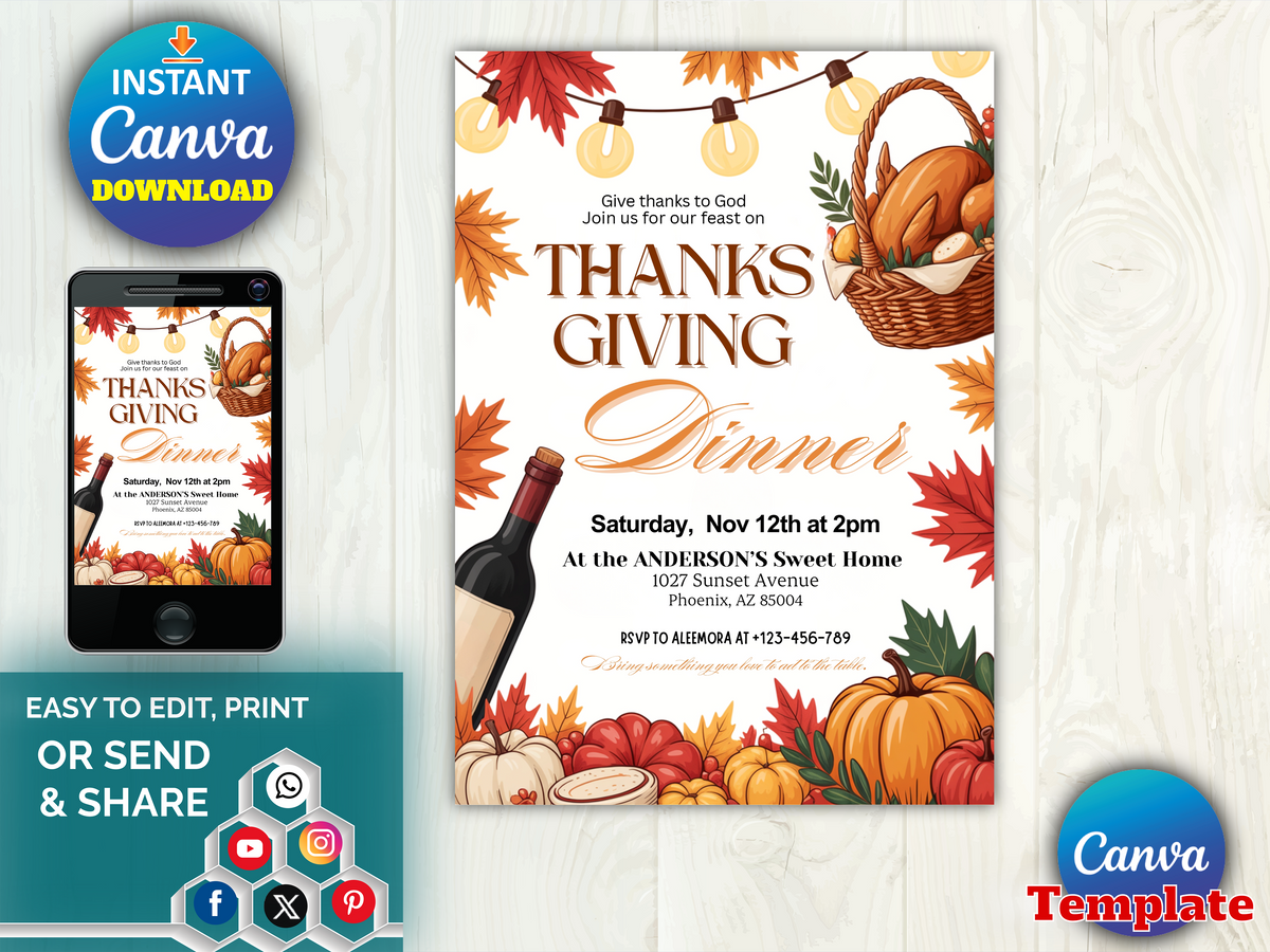 Thanksgiving dinner invitation Canva mobile & flat template printable digital download