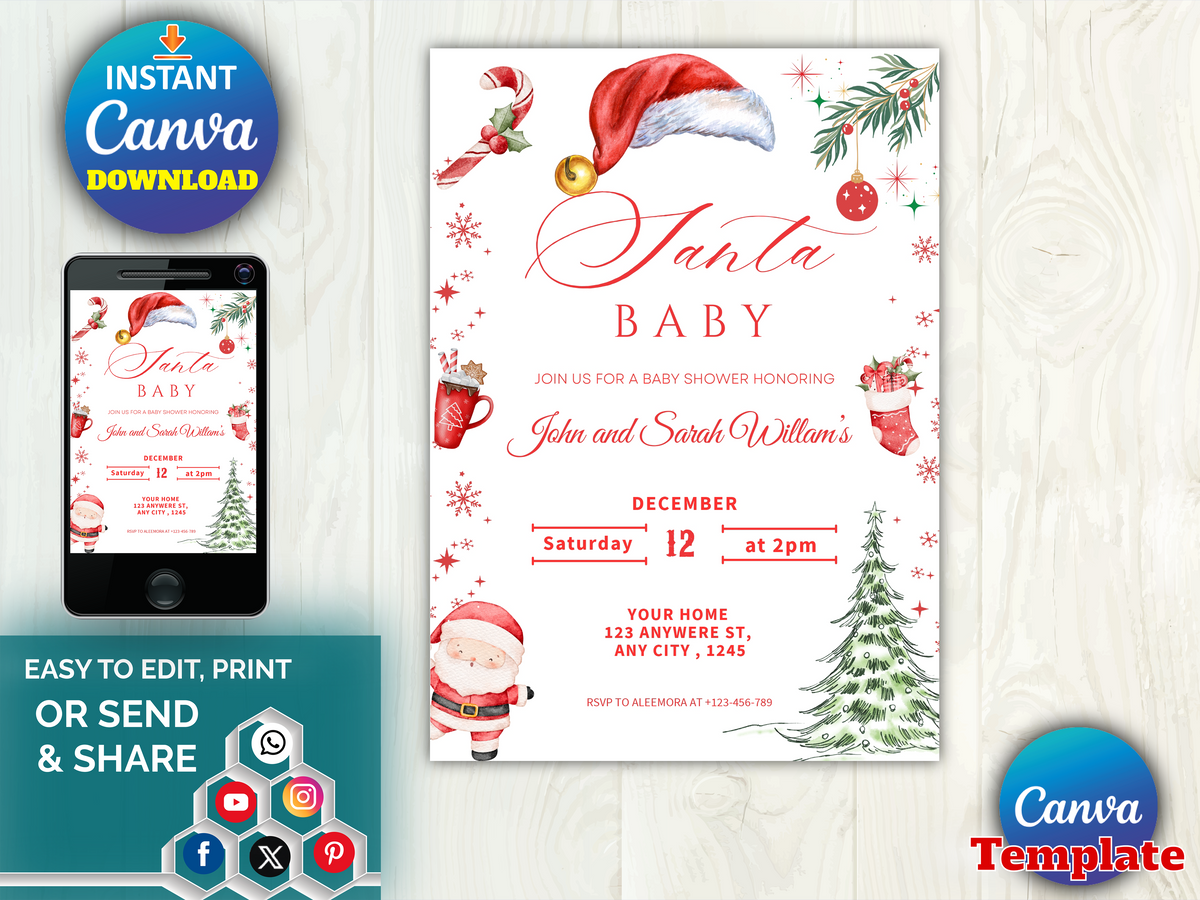 Santa Baby Christmas Shower Invitation, Editable Canva Template