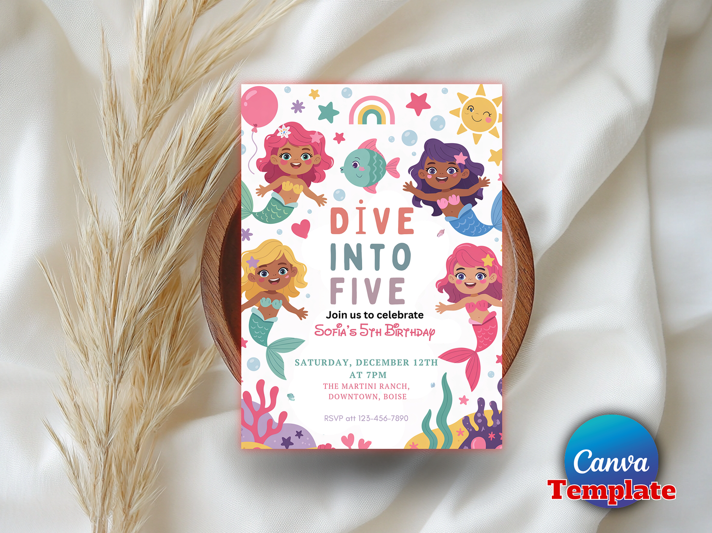 Editable Mermaid Dive Into Five Birthday Party Invitation Cute Whimsical Girly Mermaid Under The Sea Mermaid Birthday Instant Download