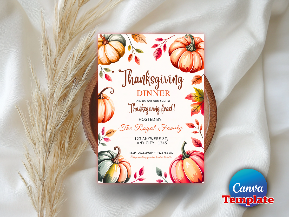 Watercolor Pumpkin Thanksgiving Dinner Invitation, Editable Canva