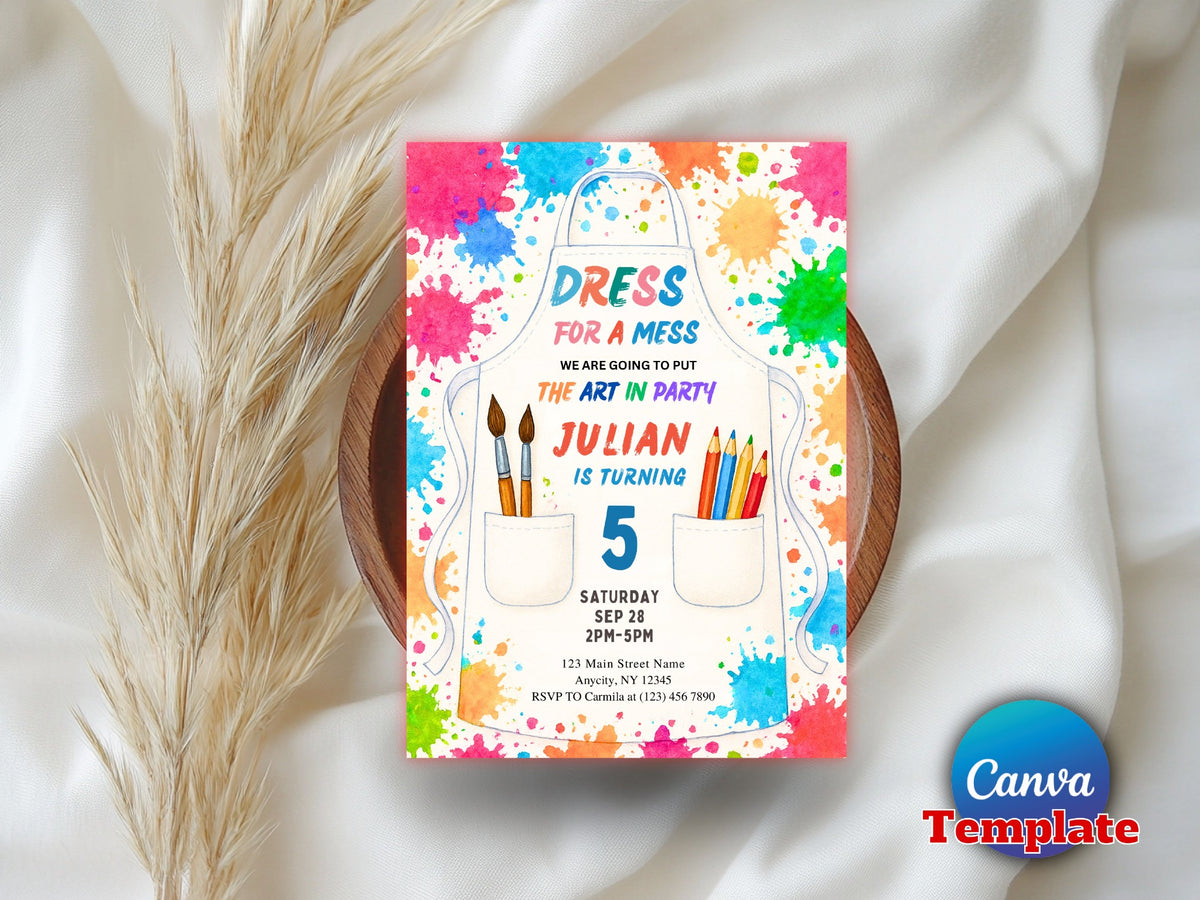 Art Birthday Party Invitation, Painting Party Invitation, Art Party Invite, Dress for a Mess, Art Themed Printable Editable Canva Template