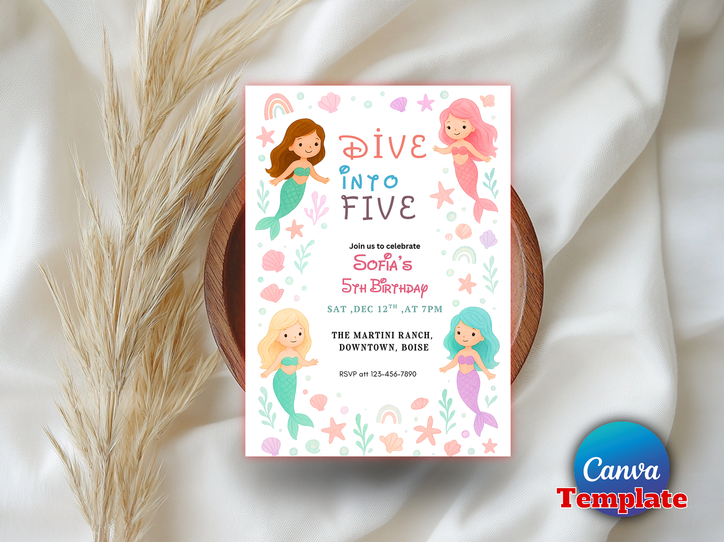 Editable Mermaid Float Into Five Birthday Party Invitation Cute Whimsical Girly Mermaid Under The Sea Mermaid Birthday Instant Download