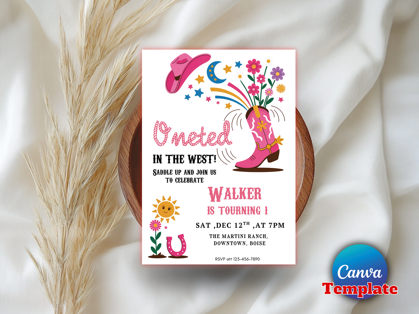 Editable One-ted In The West Cowgirl 1st Birthday Invitation Pink Disco Cowgirl Nashville Rodeo Space Cowgirl Birthday Instant Download