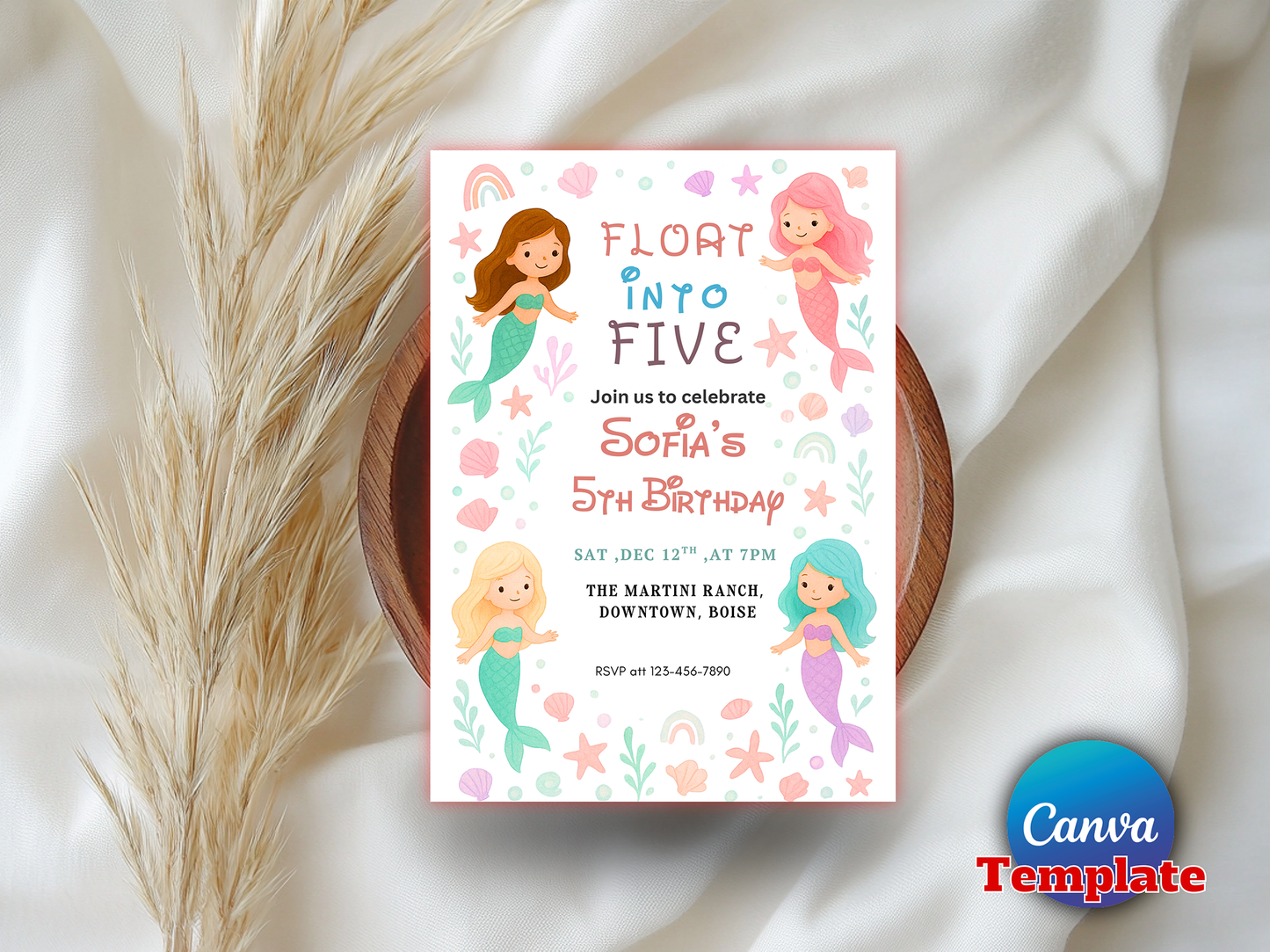 Editable Mermaid 5th Birthday Invitation Template – Float Into Five Girl Birthday Party Invite Canva