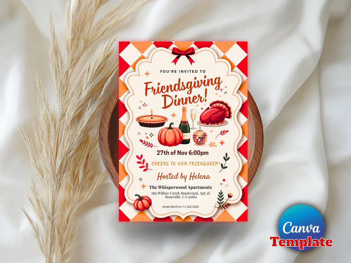 A Thanksgiving dinner invitation card styled on a wooden tray with dried grass stems and white fabric. The card features a red and white checkered border, autumn illustrations including a turkey, pumpkin, and potluck plates, and text reading 'You're invited to Friendsgiving Dinner!'.