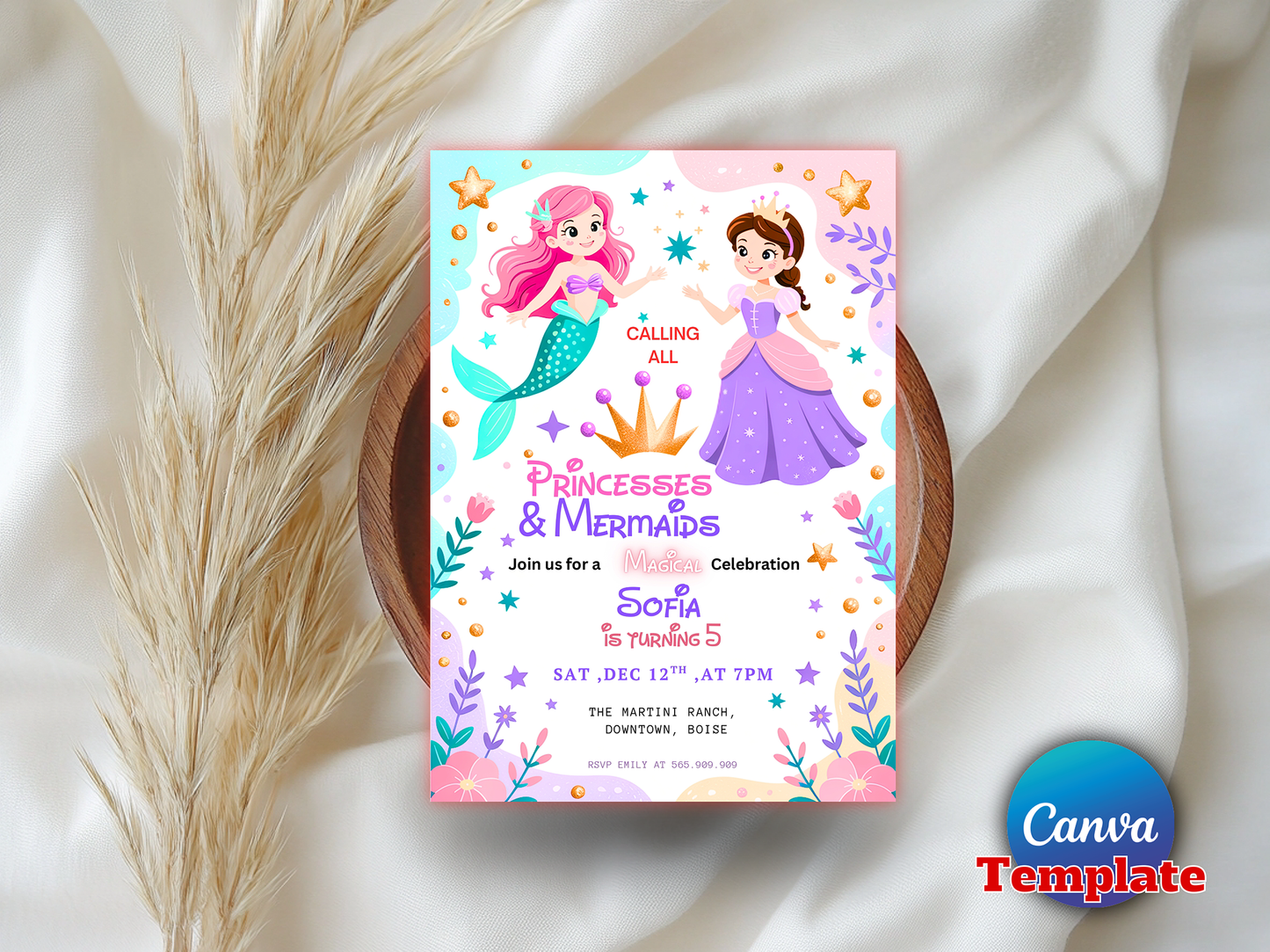 Editable Mermaid And Princess Birthday Invitation Princess And Mermaid Magical Birthday Party Fairytale Birthday Instant Download
