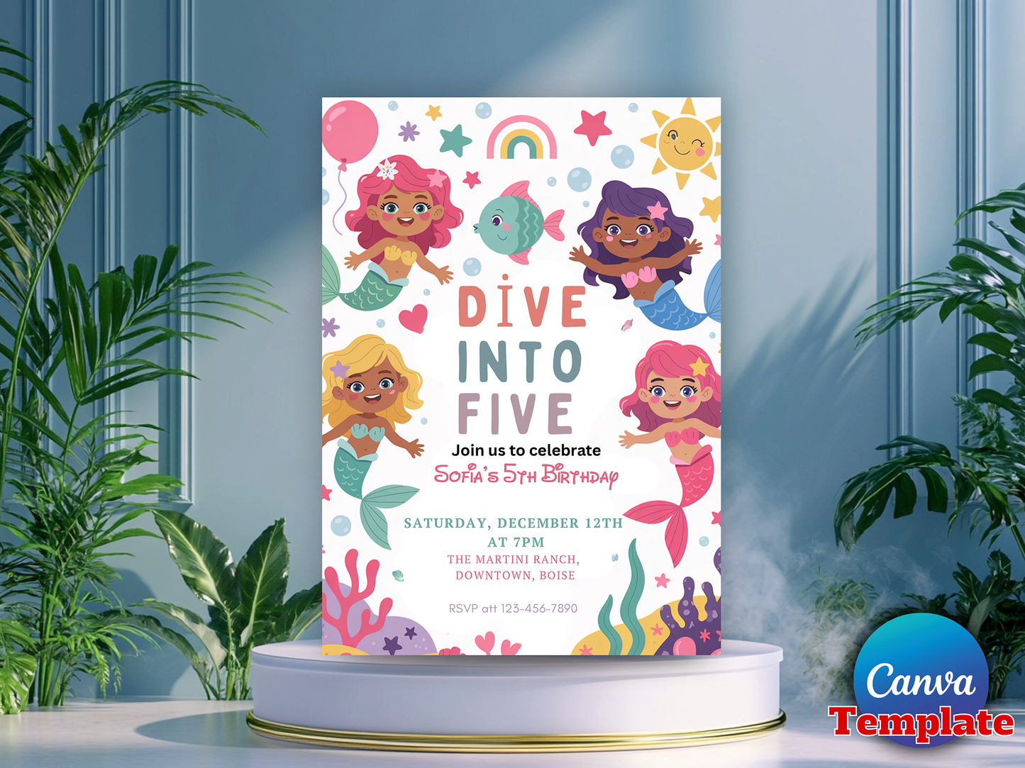 Editable Mermaid Dive Into Five Birthday Party Invitation Cute Whimsical Girly Mermaid Under The Sea Mermaid Birthday Instant Download