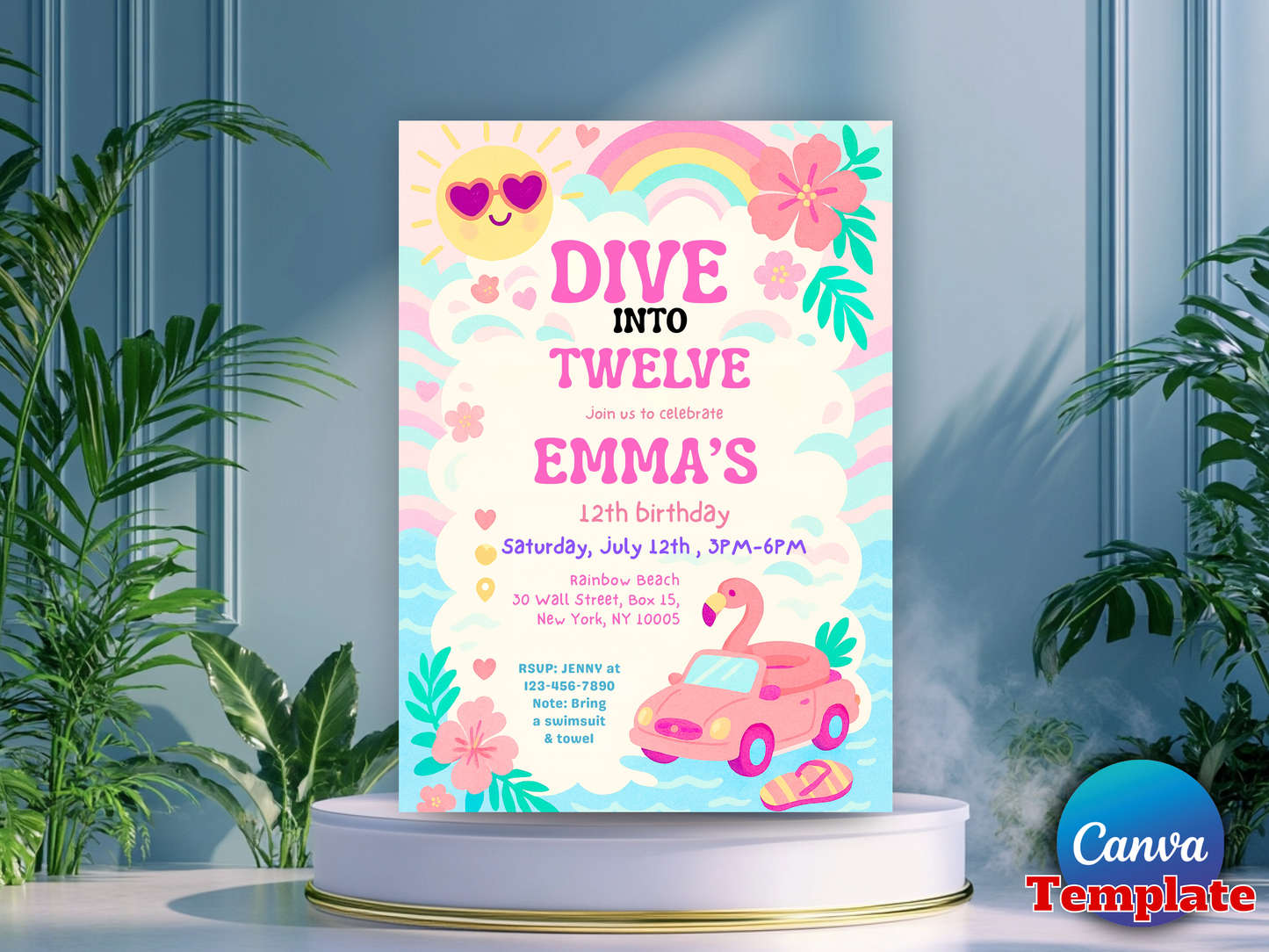 A colorful birthday invitation template displayed on a white pedestal. The invitation features a pastel rainbow, pink flamingo, pink car, and tropical floral designs with the text 'DIVE INTO TWELVE EMMA'S'.
