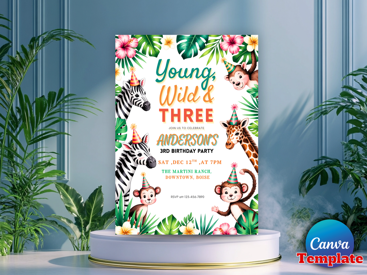 Young Wild and Three Birthday Invitation Editable Template, Safari Jungle 3rd Birthday Invite, Zoo Animals Party, Canva Template