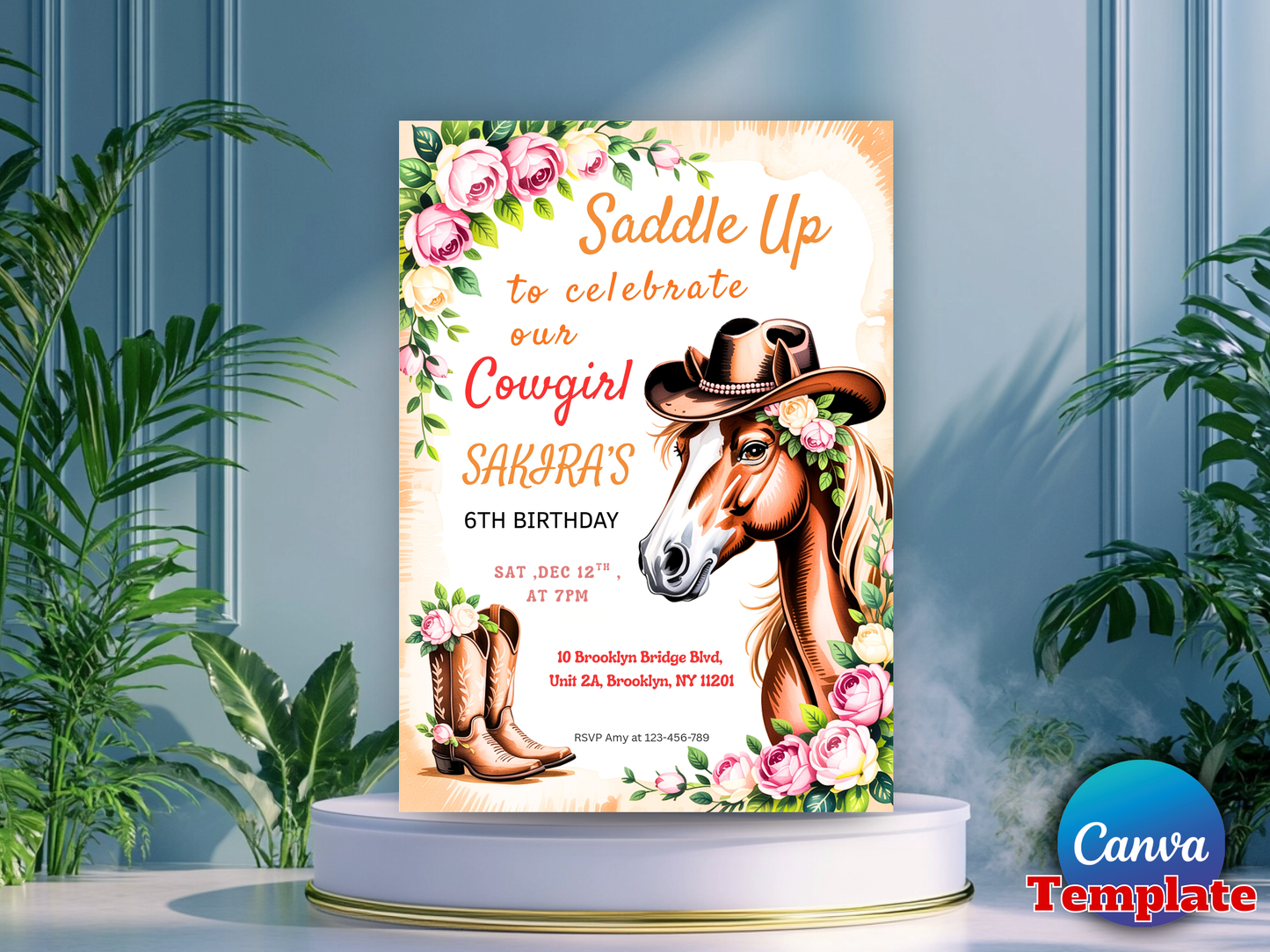 Saddle Up Cowgirl Birthday Invitation Editable Template, Horse Western 6th Birthday Invite, Floral Boots, Canva Template
