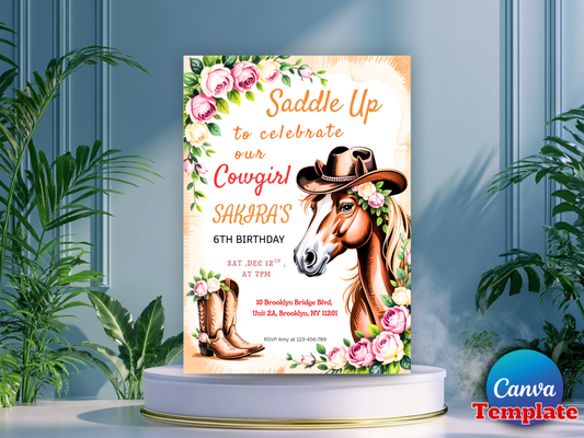 Saddle Up Cowgirl Birthday Invitation Editable Template, Horse Western 6th Birthday Invite, Floral Boots, Canva Template