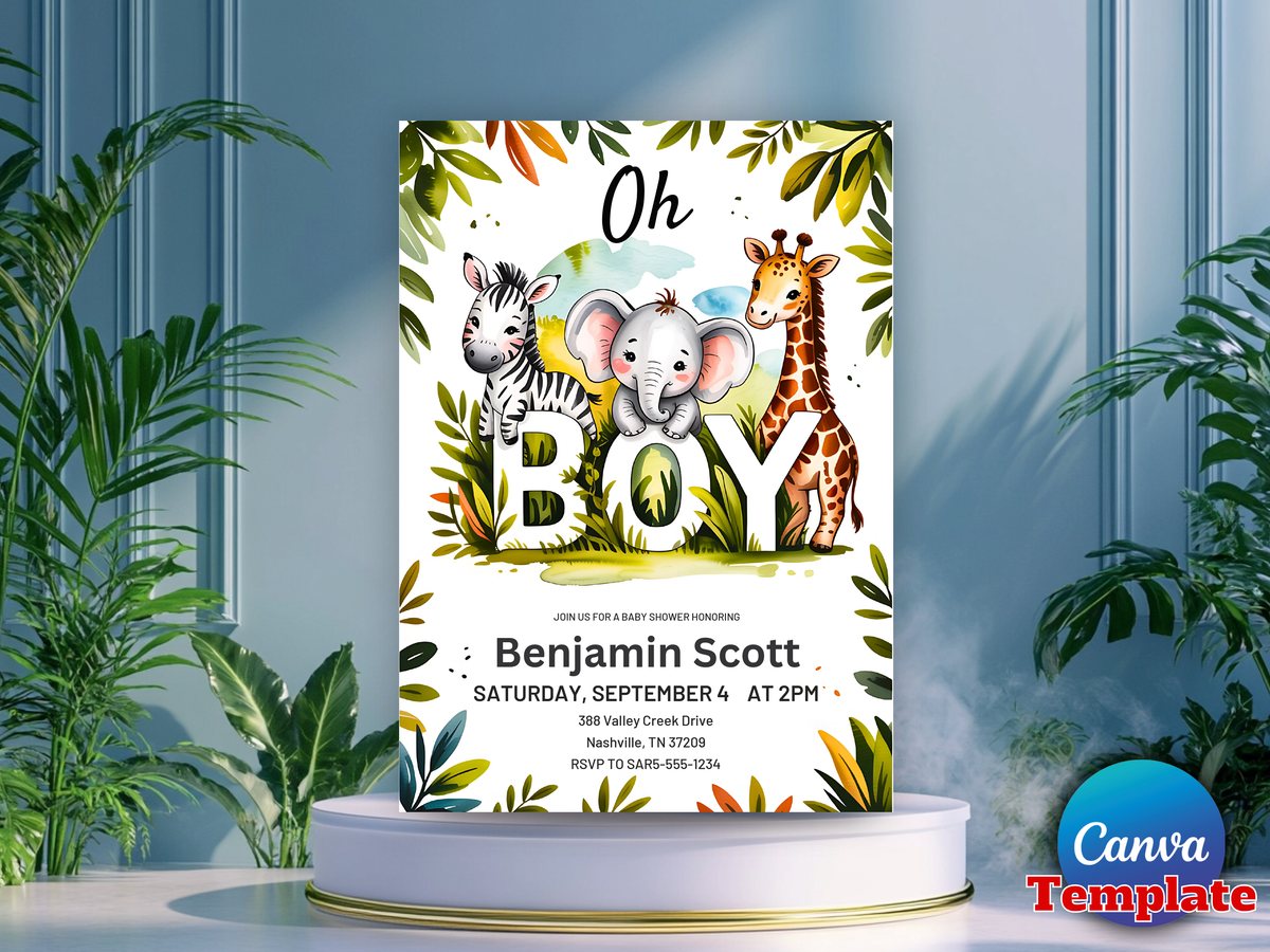 Safari Boy Baby Shower Invite, Jungle Safari Animals, Editable Template Digital Invitation