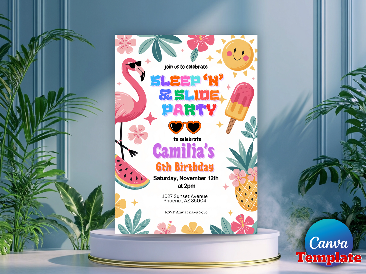Editable Slip ’N’ Slide Birthday Party Invitation Tropical Splish Splash Boy Pool Party Invite Summer Splash Pad Party Instant Download