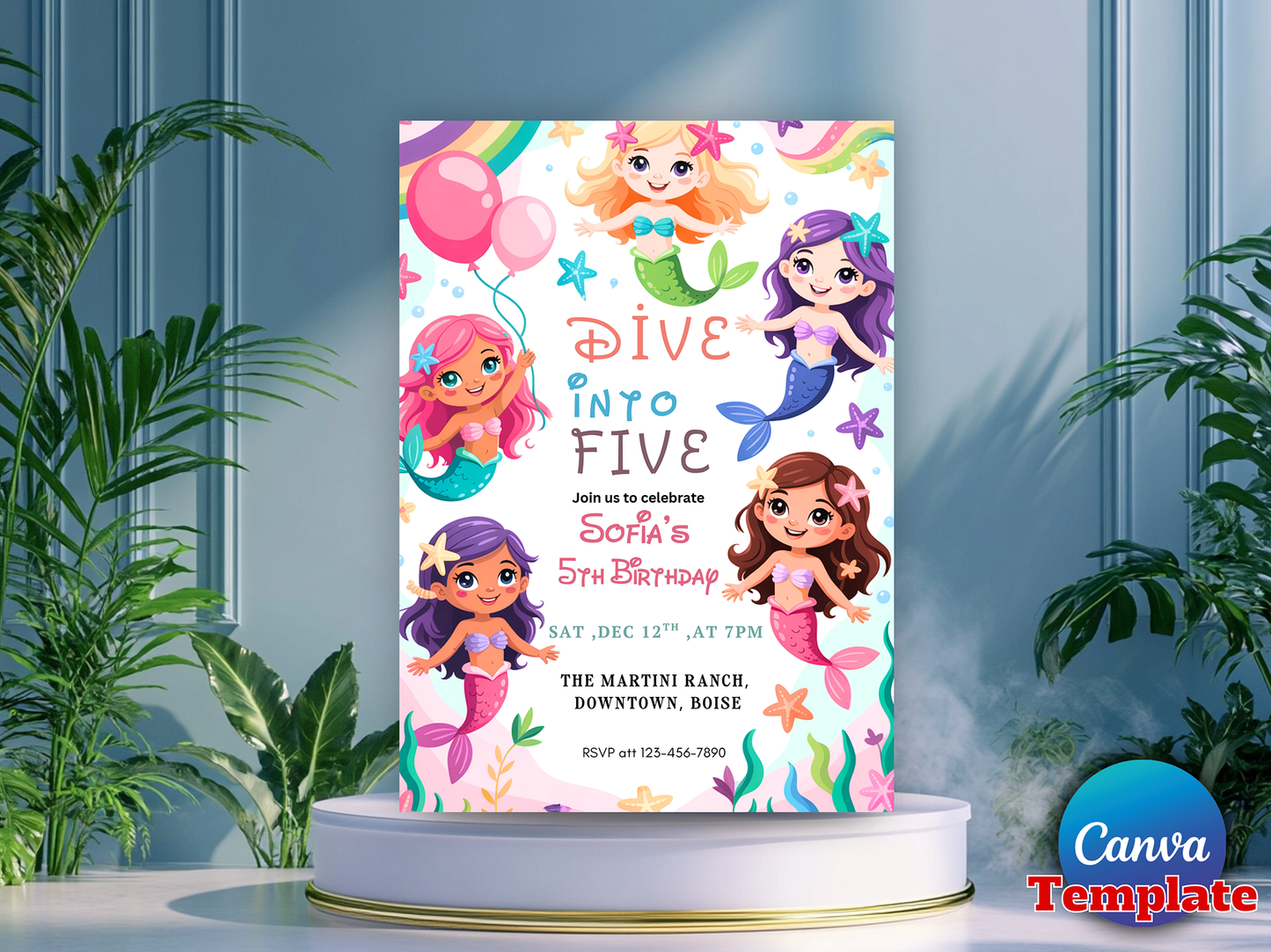 Editable Mermaid Dive Into Five Birthday Party Invitation Cute Whimsical Girly Mermaid Under The Sea Mermaid Birthday Instant Download