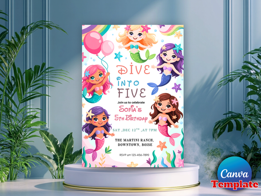 Editable Mermaid Dive Into Five Birthday Party Invitation Cute Whimsical Girly Mermaid Under The Sea Mermaid Birthday Instant Download