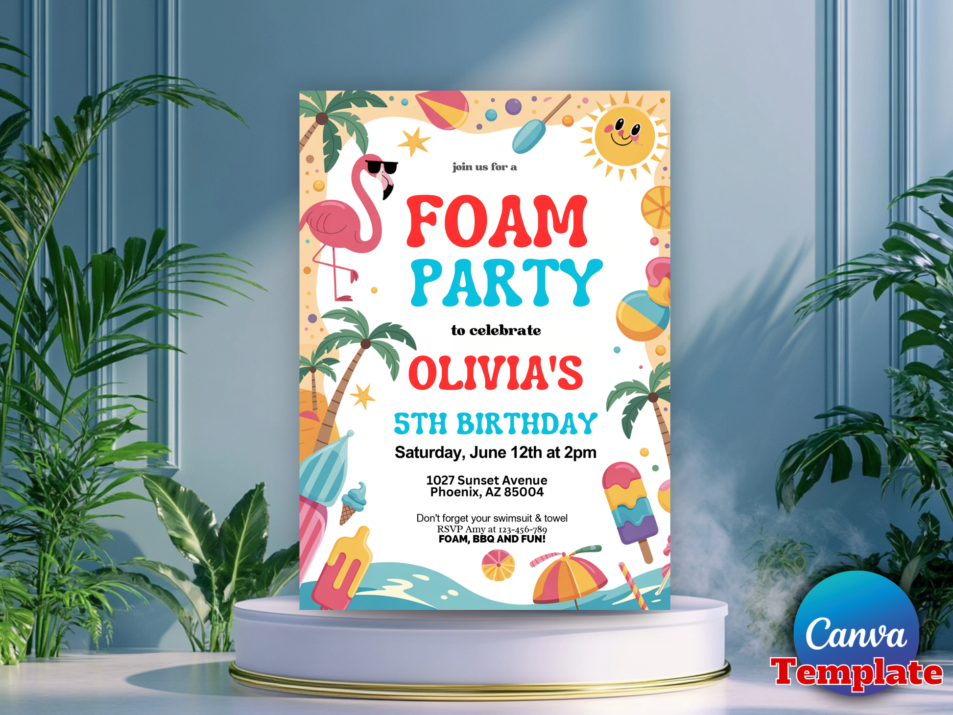 A colorful foam party birthday invitation card displayed on a white pedestal. The card features a tropical beach theme with illustrations of a pink flamingo, palm trees, a smiling sun, beach balls, and popsicles.