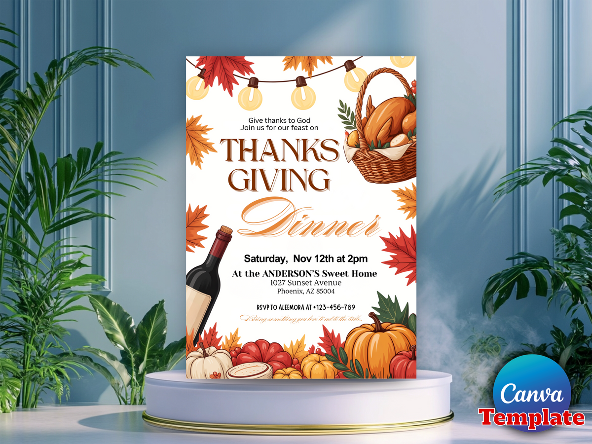 Thanksgiving Dinner Invitation | Editable Fall Invite | Pumpkin Friendsgiving Party | Autumn Celebration Digital Download | Edit in Canva