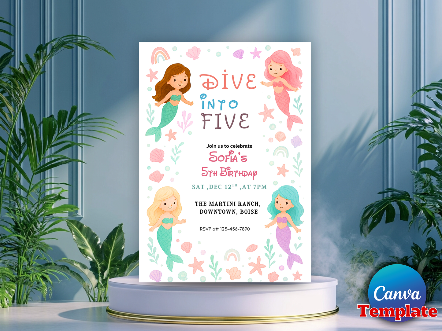 Editable Mermaid Float Into Five Birthday Party Invitation Cute Whimsical Girly Mermaid Under The Sea Mermaid Birthday Instant Download