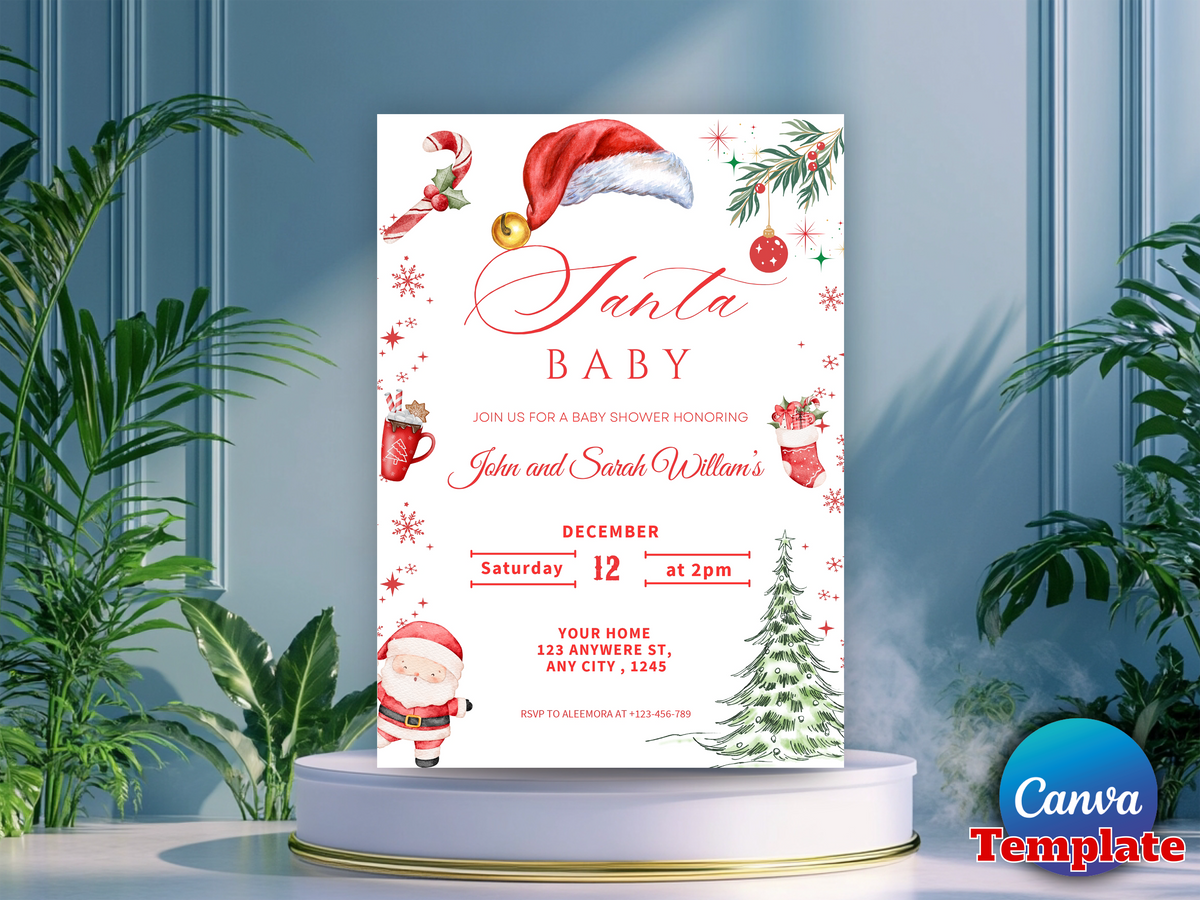 Santa Baby Christmas Shower Invitation, Editable Canva Template