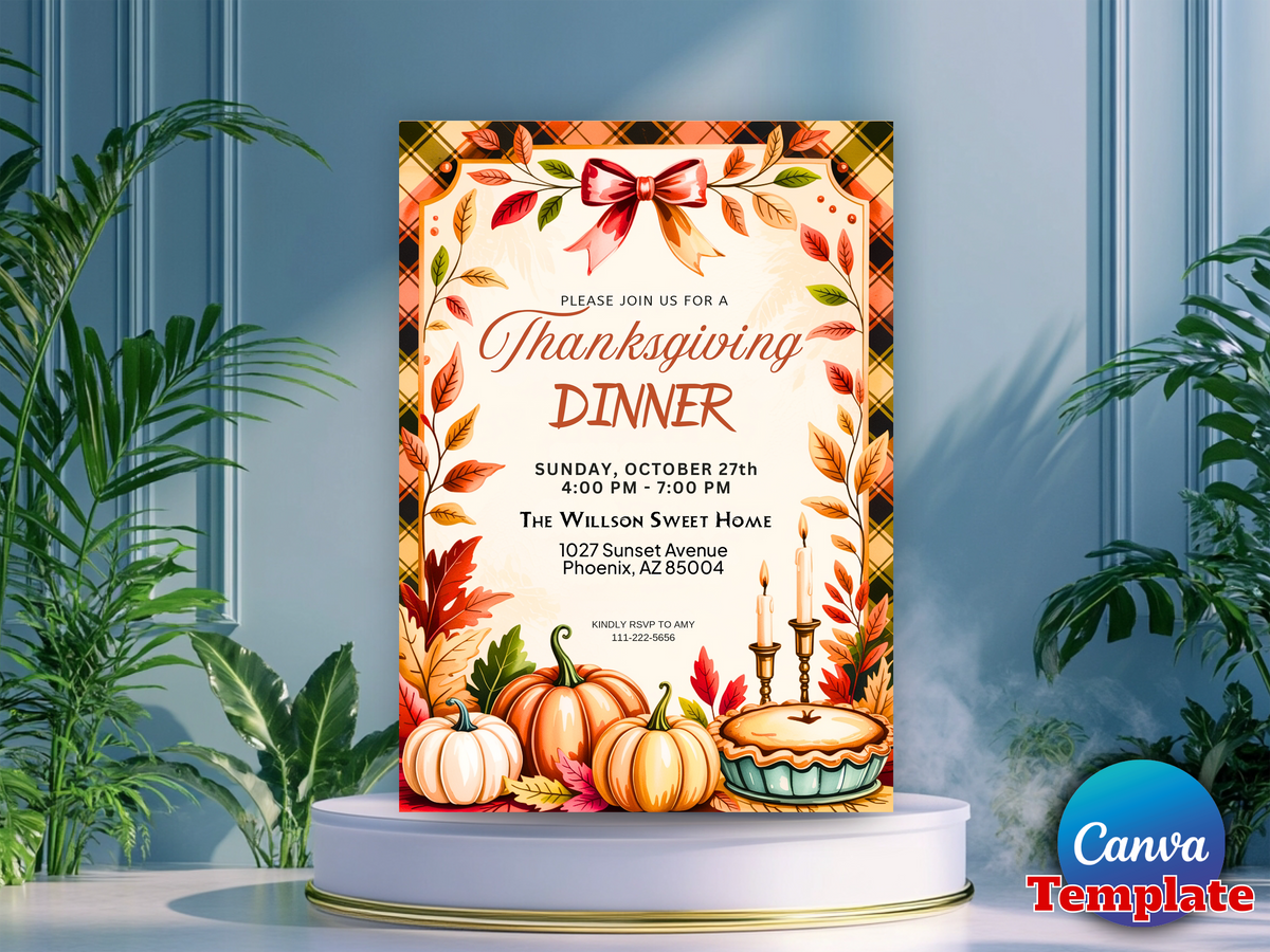 Thanksgiving Dinner Invitation: Friendsgiving Party Invite, Pumpkin Fall Theme (Editable Canva Template)
