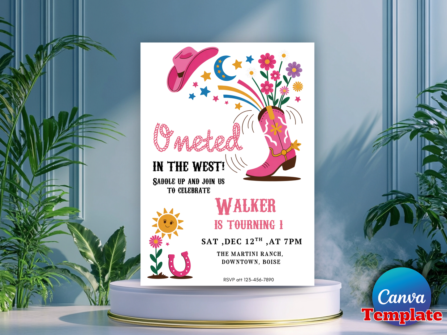 Oneted in the West Birthday Invitation Editable Template, Western Cowgirl First Birthday Invite, Pink Cowboy Boot, Canva Template