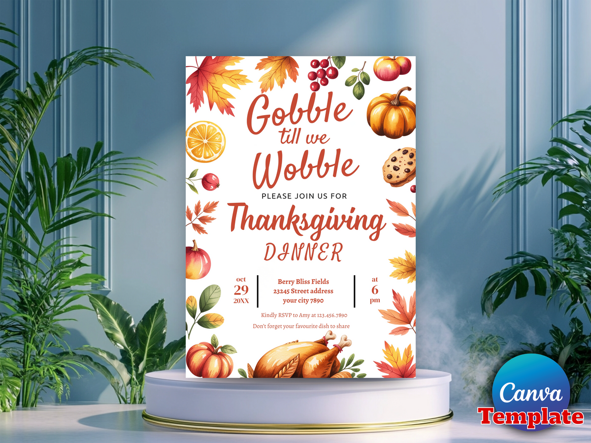 EDITABLE Gobble Till We Wobble Thanksgiving Invitation Template, Friendsgiving Thanksgiving Dinner Invite friends, Instant Download