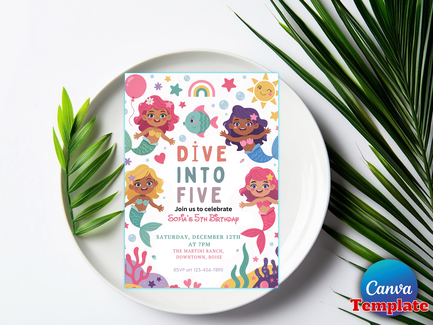 Editable Mermaid Dive Into Five Birthday Party Invitation Cute Whimsical Girly Mermaid Under The Sea Mermaid Birthday Instant Download