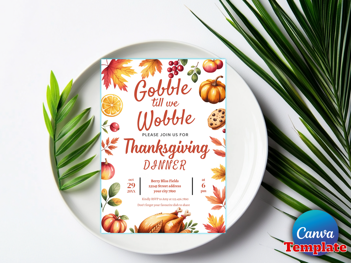 Gobble Till We Wobble Thanksgiving dinner invitation Canva template printable digital download