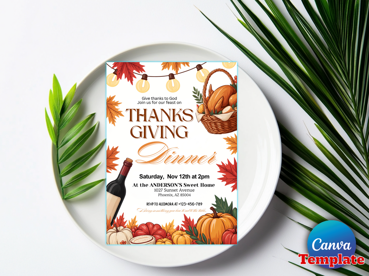 Thanksgiving Dinner Invitation | Editable Fall Invite | Pumpkin Friendsgiving Party | Autumn Celebration Digital Download | Edit in Canva