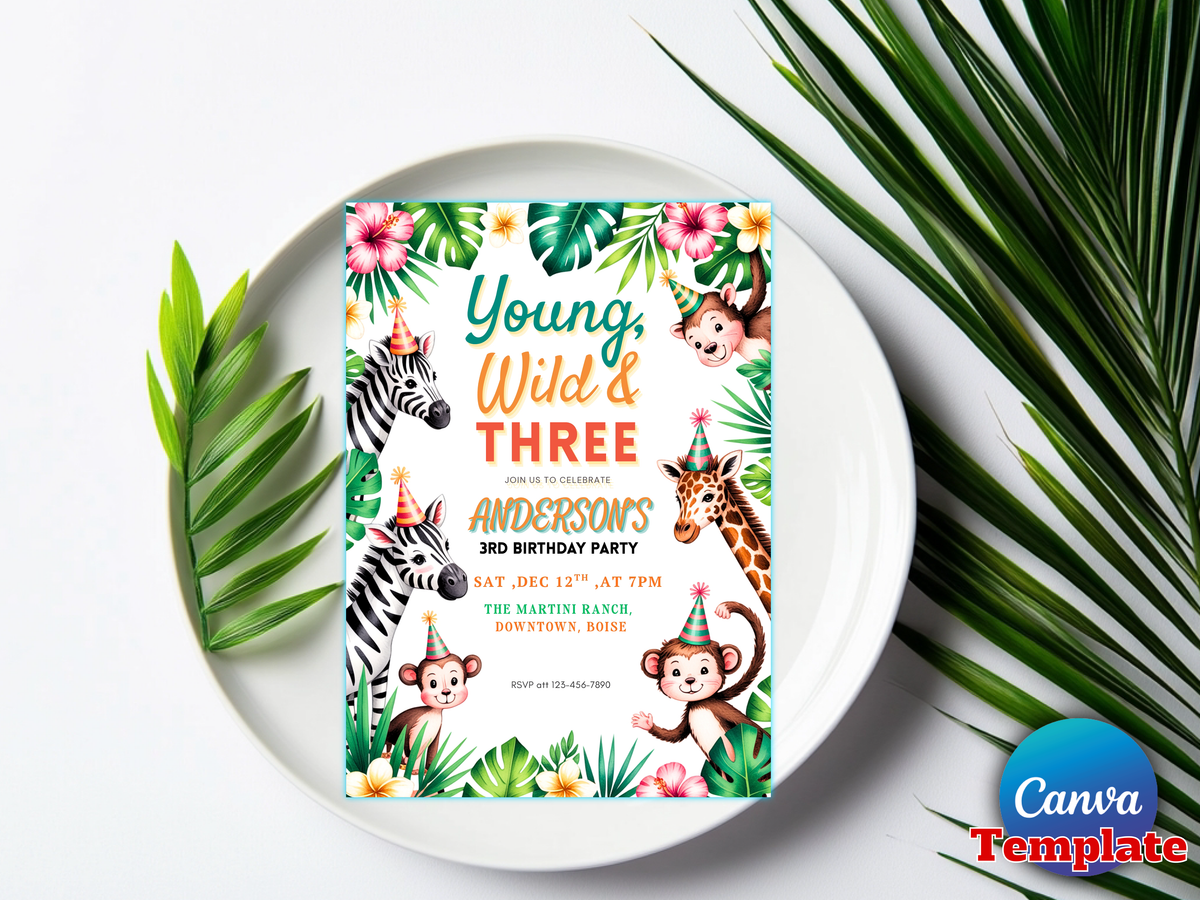 Young Wild and Three Birthday Invitation Editable Template, Safari Jungle 3rd Birthday Invite, Zoo Animals Party, Canva Template