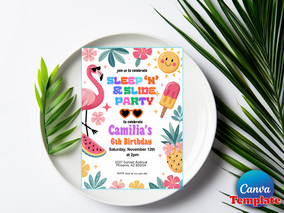 Editable Slip ’N’ Slide Birthday Party Invitation Tropical Splish Splash Boy Pool Party Invite Summer Splash Pad Party Instant Download