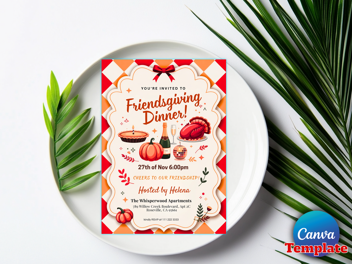 A Thanksgiving dinner invitation card styled on a white plate with green palm leaves. The card features a warm autumn color palette with orange, red, and cream, decorated with illustrations of a pumpkin, turkey, and a candle.