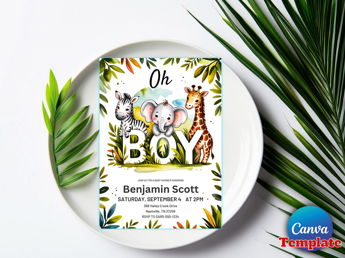 Safari Boy Baby Shower Invite, Jungle Safari Animals, Editable Template Digital Invitation