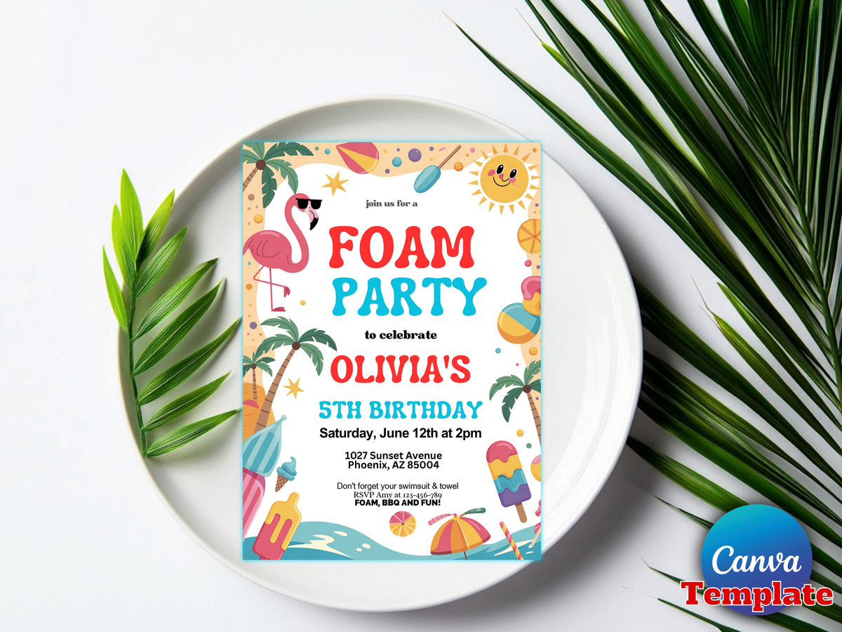 A square birthday invitation card with a colorful beach-themed foam party design, placed on a white plate with green palm leaves around it. The card includes text for 'Olivia's 5th Birthday' and a Canva Template badge in the bottom right corner.