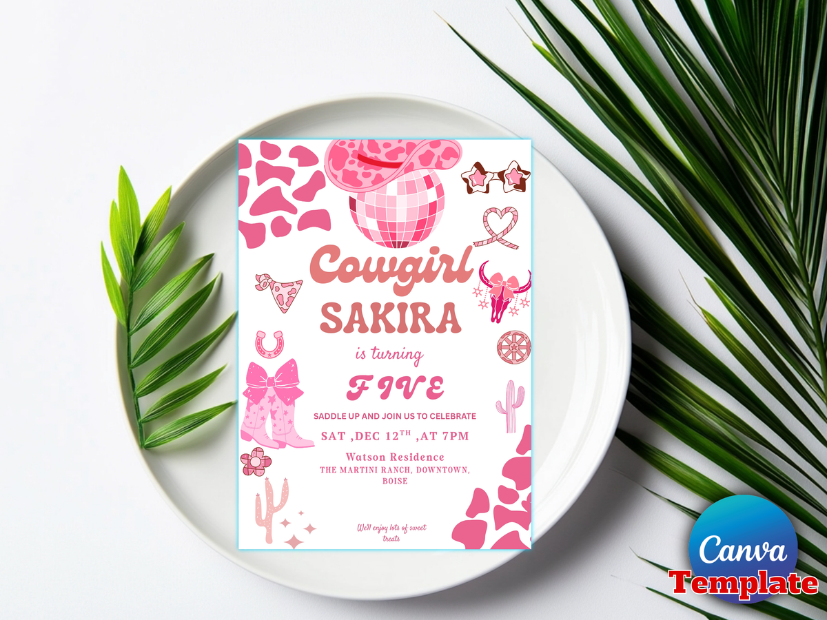 A pink and white cowgirl-themed birthday invitation card for 'Cowgirl Sakira' is displayed on a white plate, framed by green palm leaves on a white background. A blue 'Canva Template' logo is visible in the bottom right corner.