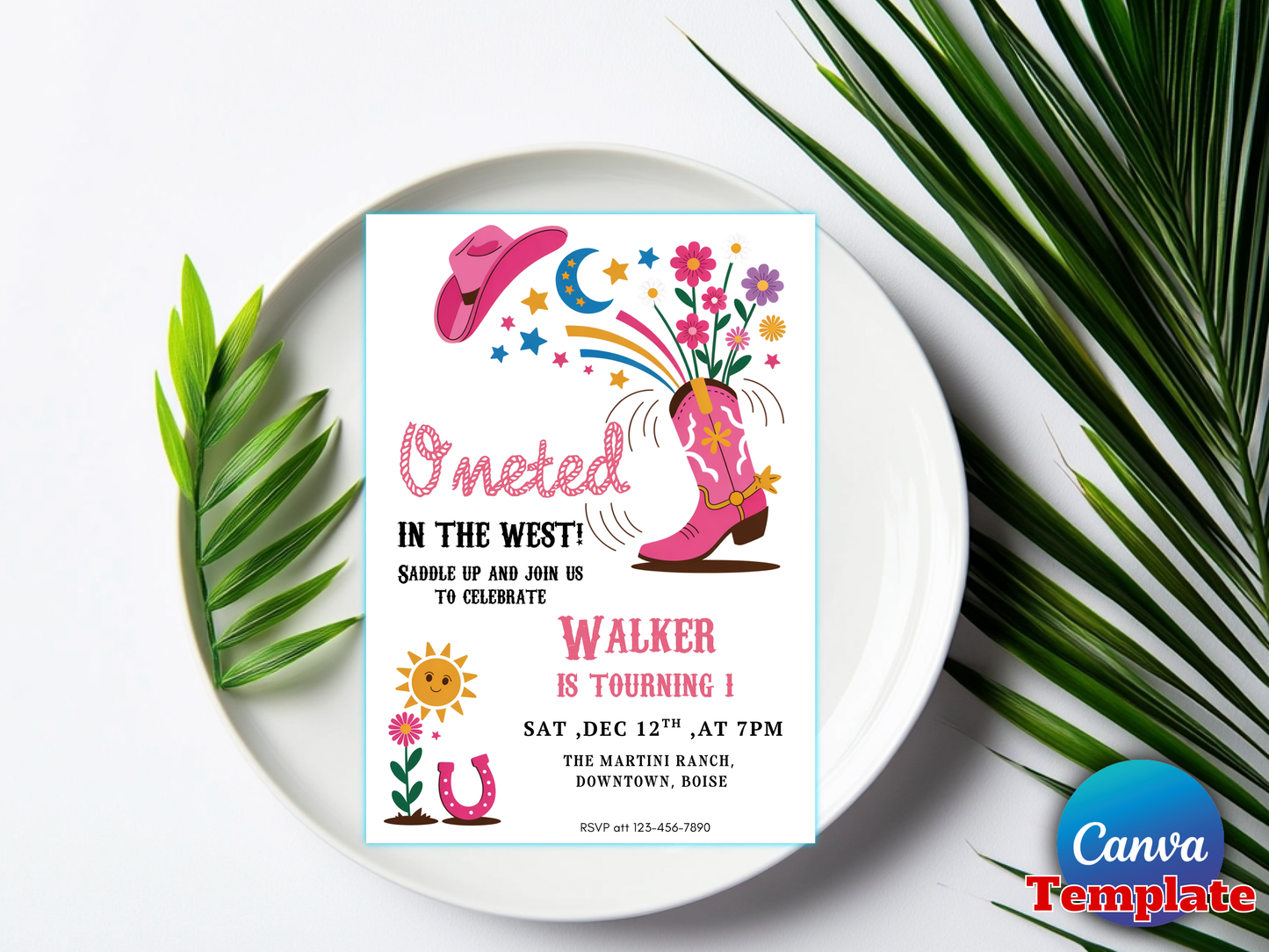 Oneted in the West Birthday Invitation Editable Template, Western Cowgirl First Birthday Invite, Pink Cowboy Boot, Canva Template
