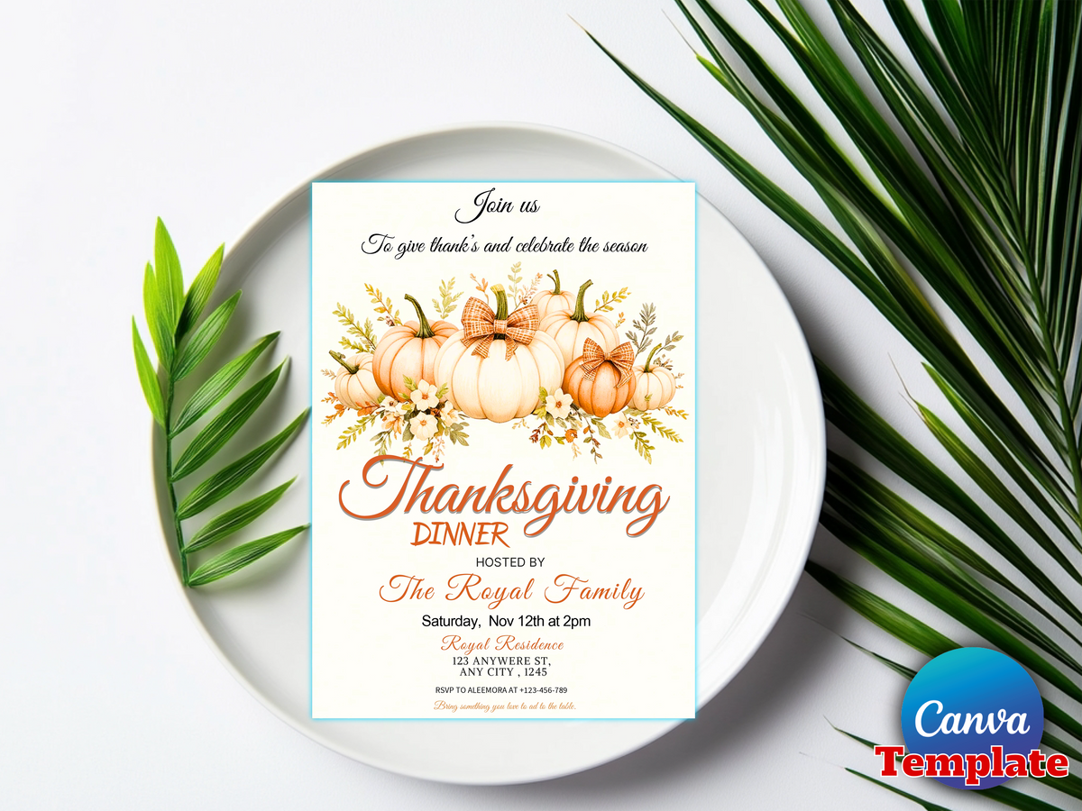 Farmhouse Neutral Pumpkin Thanksgiving Dinner Invitation, Editable